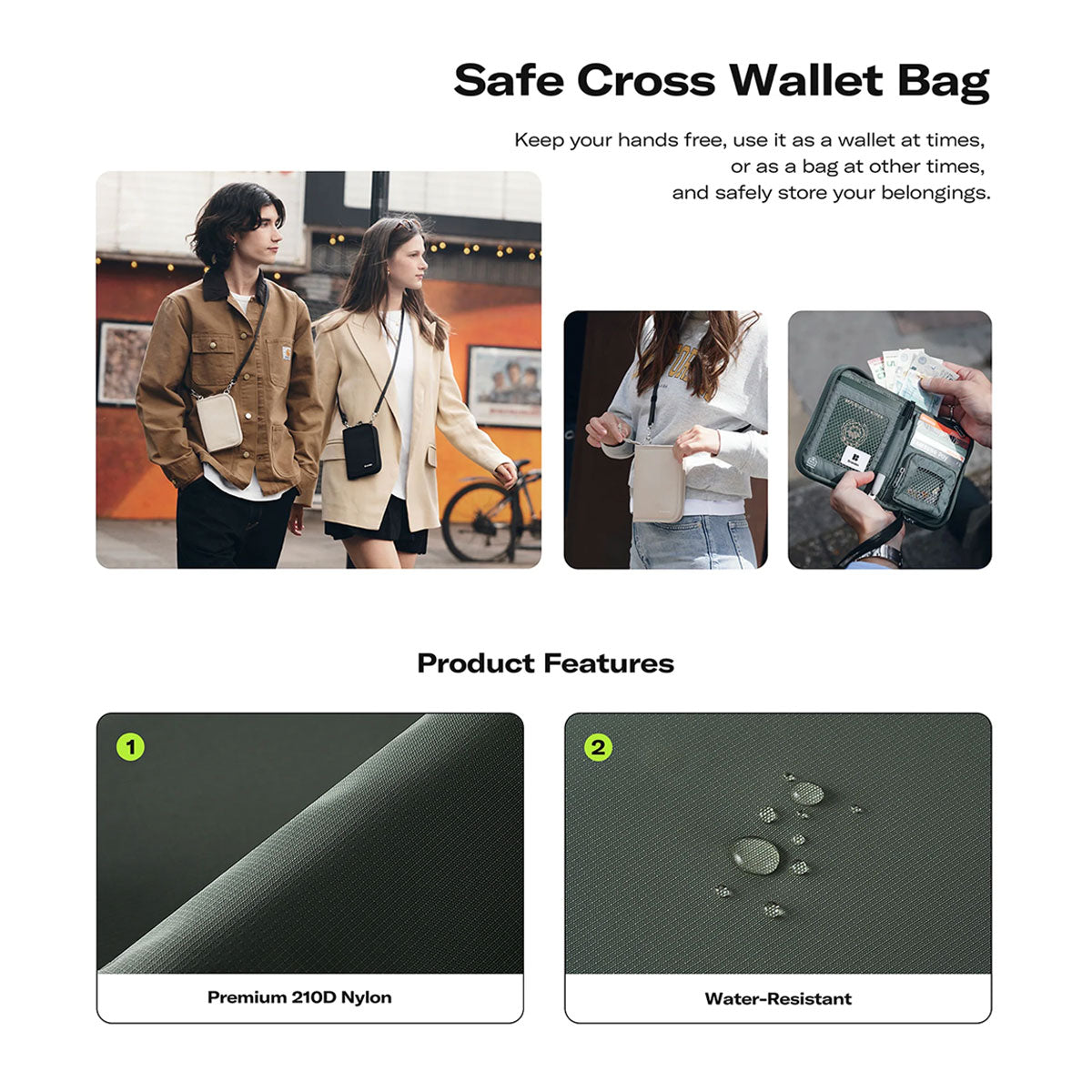 Branden : Safe Cross Wallet Bag (RFID) : Soft Khaki